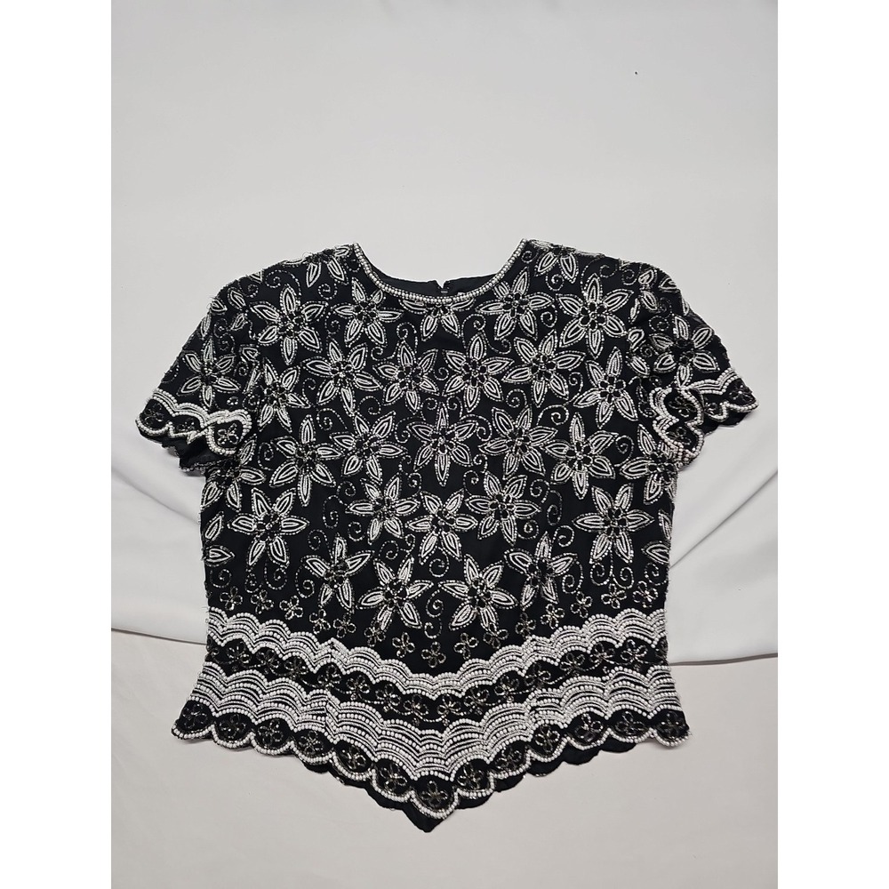 Papell Boutique Womens Black Vtg Evening Top Embroided Beaded Silk Vintage Sz Sp